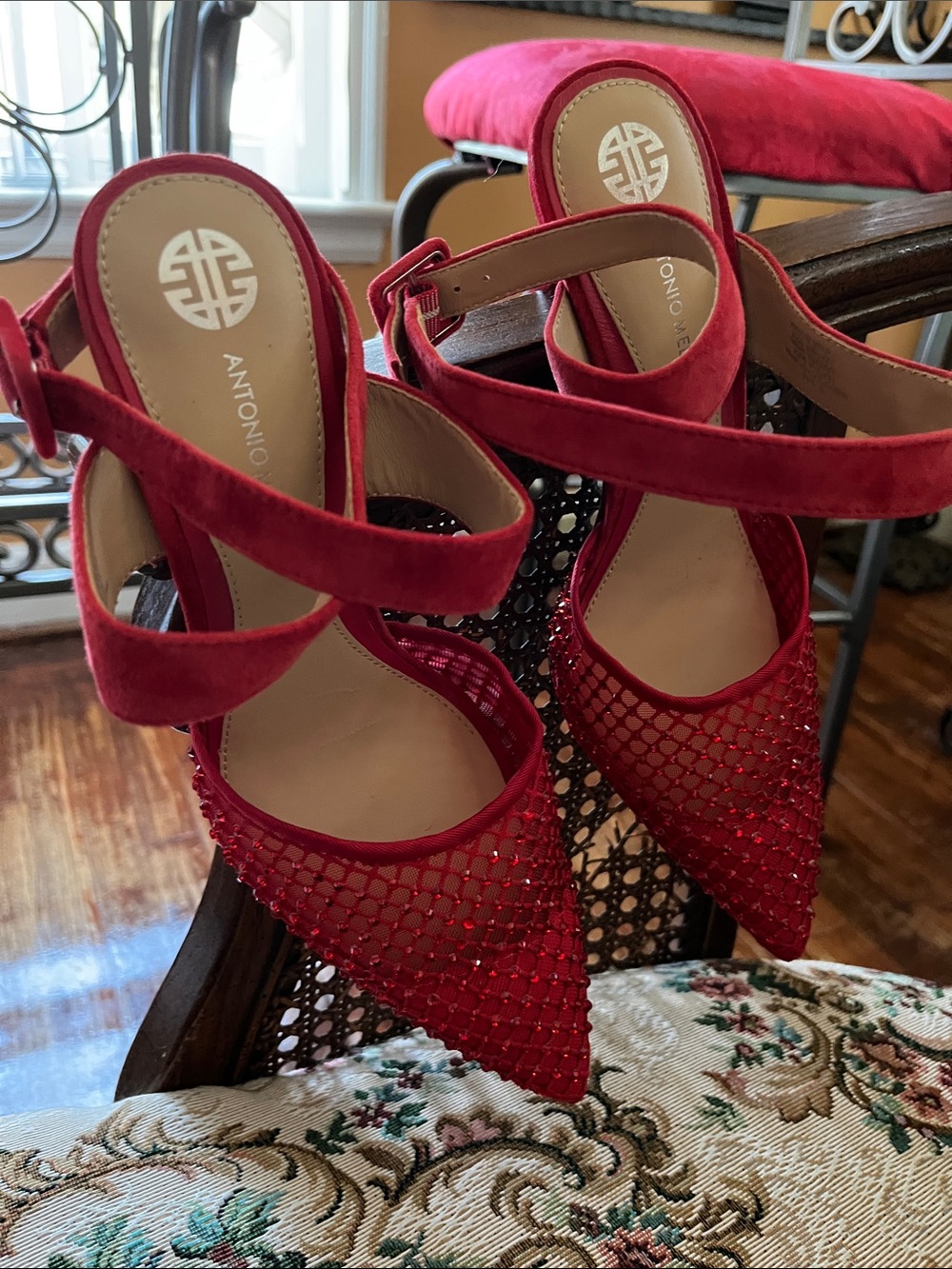 ANTONIO MELANI Red Pointed Mesh & Suede Ankle-Strap Heels